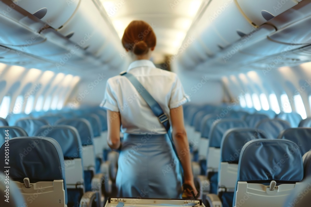 Fototapeta premium Flight attendant walking through airplane cabin aisle
