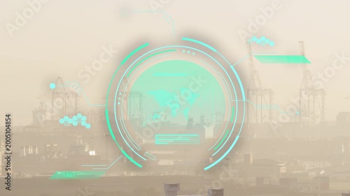 Turquoise circular HUD fading, assembling concentric rings and data bars, pulsing to show port data
