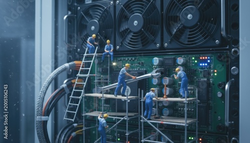Tiny construction workers in blue overalls repair an enormous computer in a bustling tech environment