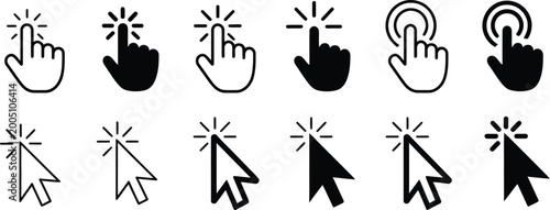 Collection of black and white hand click and arrow cursor icons showing various clicking actions for digital interface and web design.