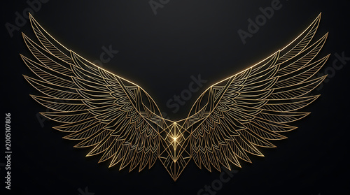 Konstfotografi Golden wings spread wide on black background with light shining through