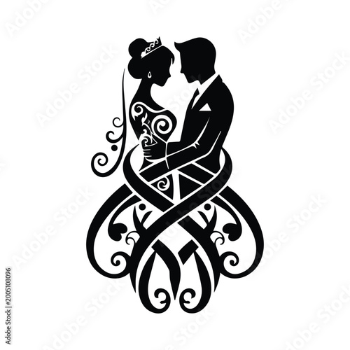 Valokuva Vector illustration of wedding couple silhouette embracing with ornaments