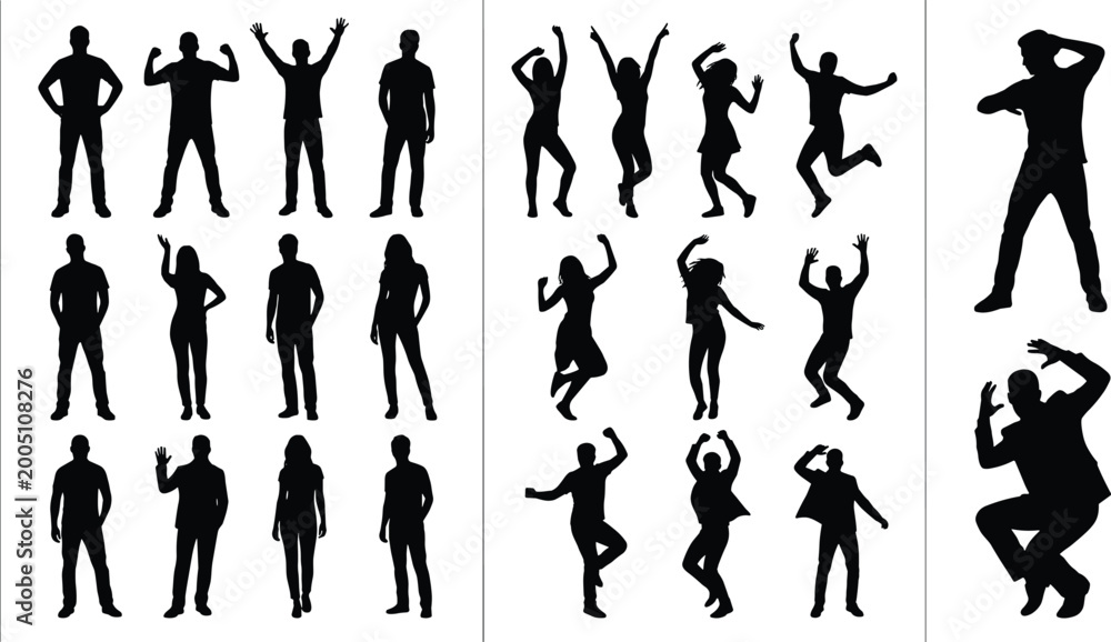 Fototapeta premium Silhouette of people in various poses, jumping, standing, celebrating, man and woman collection, active lifestyle, success, happiness, energy, group, isolated.