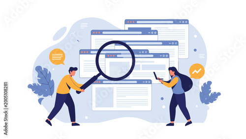 Man and woman use a large magnifying glass to search for information across multiple web browser windows on a digital interface.