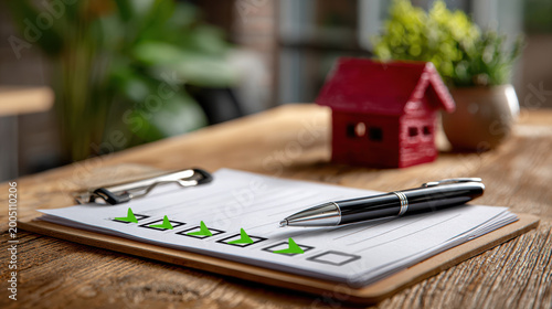Clipboard rental checklist with silver pen and row of green check marks next to red house model for property inspection report and landlord management banner