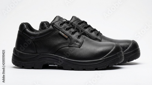 Heavy-duty safety shoes with steel toe isolated on white background, designed for protection and industrial work environments.