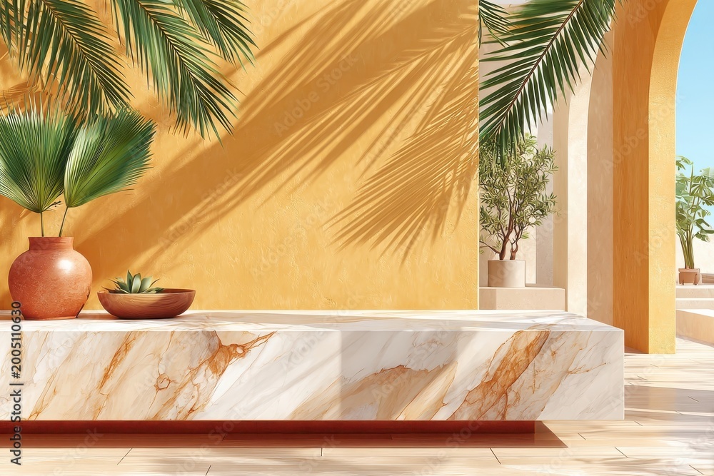 Fototapeta premium Minimal Mediterranean interior with light cream marble bench, golden plaster wall and tropical plants