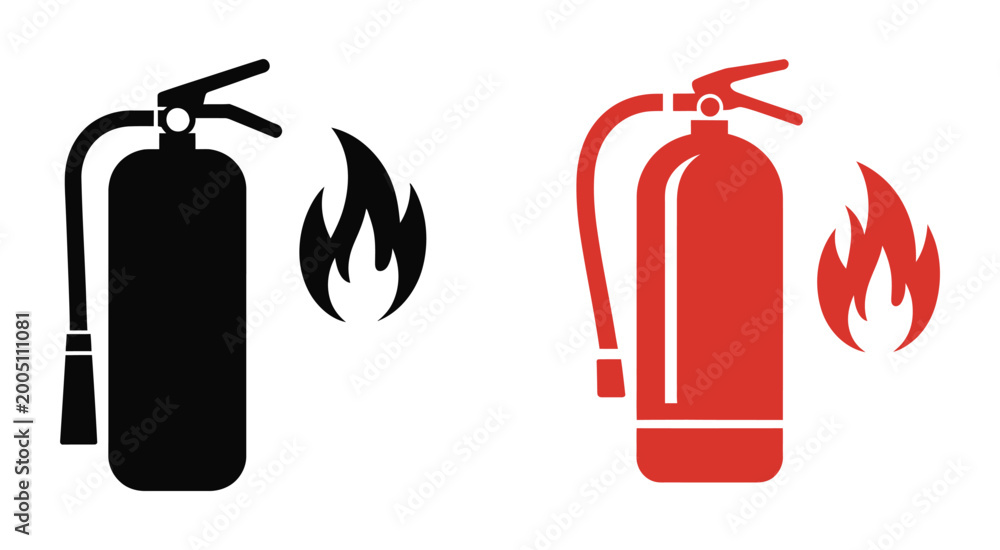 Obraz premium Fire extinguisher icons black red flames, safety equipment symbol transparent background, emergency fire protection sign design