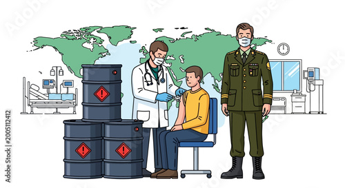 Medical professional vaccinating soldier against biohazard.