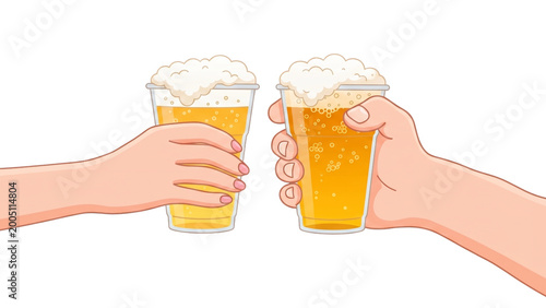 プラッチックのコップにビールで乾杯する手のイラスト_透過素材