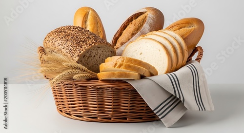 Assorted Breads in Wicker Basket on White Background
