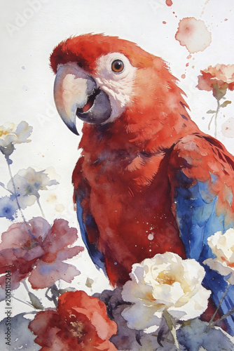 Vibrant Red Macaw Parrot Watercolor Painting with Floral Elements