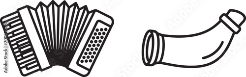 Black and white line of an accordion and a hunting horn, musical instrument