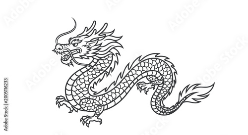 Schilderij op canvas Traditional Chinese Dragon Outline Illustration - Majestic Mythical Creature