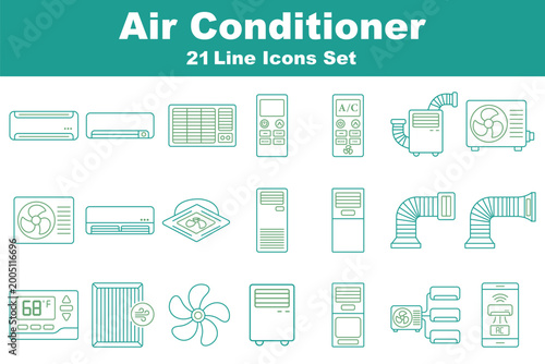 air conditioner outline icon set vector. Air Conditioning icon set. Editable stroke. featuring AC unit, remote, fan, temperature, filter, maintenance, ventilation, installation, and thermometer.
