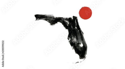 Artistic Florida State Map in Black Ink Brush Style with Red Sun