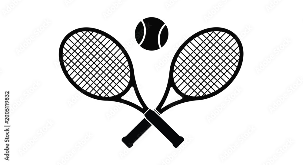 Fototapeta premium Two crossed tennis rackets positioned perfectly with a single black tennis ball on white background