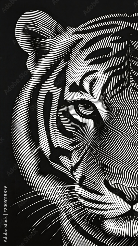 Fototapeta premium Black and white line art tiger head portrait with engraved stripe pattern on dark moody studio background