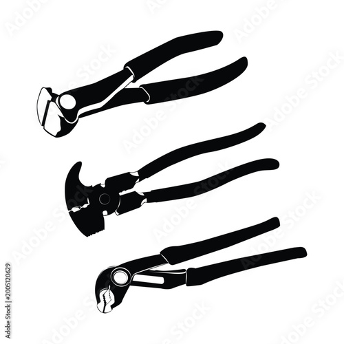 Pliers Tools black silhouette set vector based drawing on white background vol 09