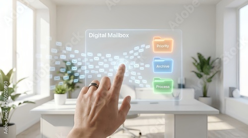 Hand interacting with holographic digital mailbox interface showing emails and archive options in bright modern office