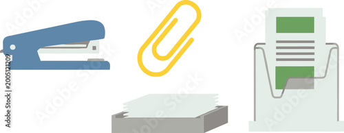 Stapler, paper clip, paper stack, and document tray icons represent the fundamental tools used for organizing physical paperwork in a professional office environment.