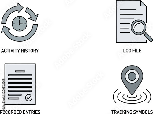 Icons representing activity history, log files, recorded entries, and tracking symbols are displayed in a clean, professional grid layout for digital documentation.