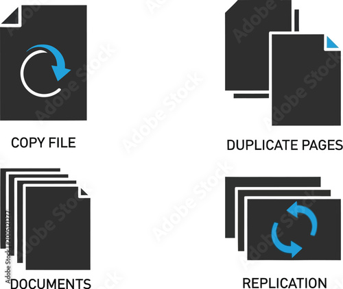 Documents symbols represent file replication, copying processes, and digital data management using clean minimalist icons.