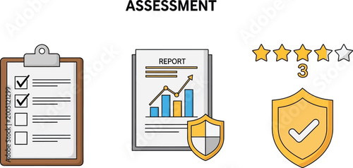 Assessment report features a clipboard with checklists, financial graphs, and star ratings to signify quality control and business evaluation.