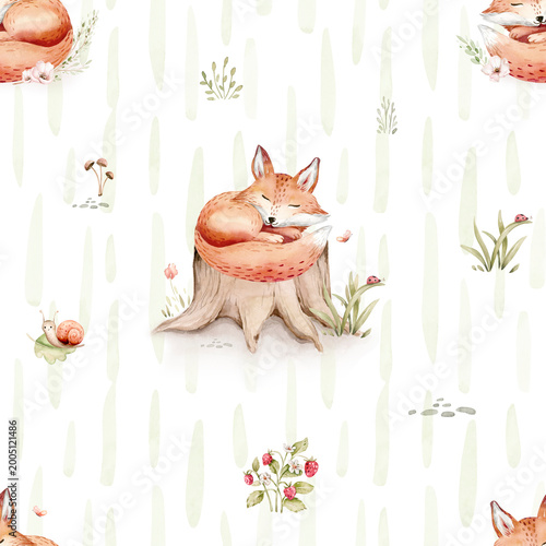 Watercolor seamless pattern of cute sleeping baby fox animal. Woodland nursery deer illustration for children wallpaper, textile and fabric pattern. 