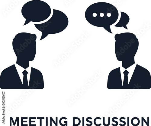 Businessmen silhouettes engage in a professional meeting discussion using speech bubbles to convey communication.