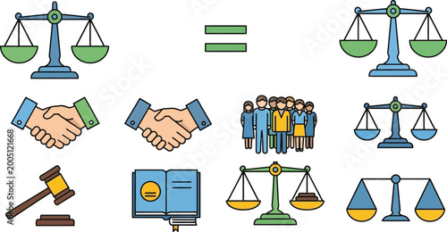Scales of justice, handshakes, and legal gavels illustrate the foundational principles of law and corporate ethics.