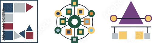 Geometric shapes and network diagrams visualize structural organization and data connectivity within modern digital systems.