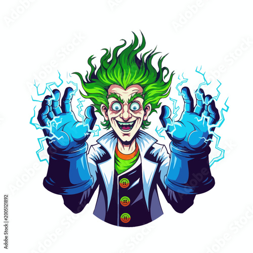 Mad Scientist with Green Hair and Electric Hands