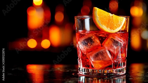 Red cocktail drink with ice and orange slice on dark bar background