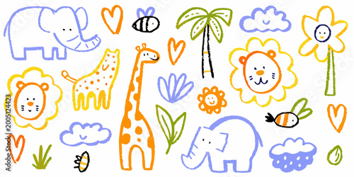 Canvas Print whimsical safari animal doodles colorful crayon style illustration
