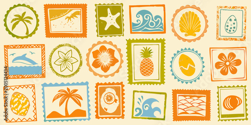 Set of retro travel stamps with tropical and beach themed illustrations