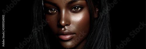 elegant dark skin female model portrait with natural curves, confident african beauty with glossy lips and flawless skin texture, modern fashion portrait of radiant melanin model with long hair