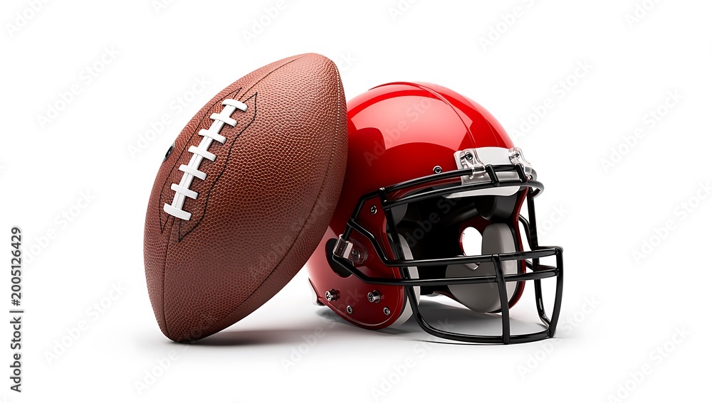 Fototapeta premium American football and red helmet on white background for sports marketing and team spirit