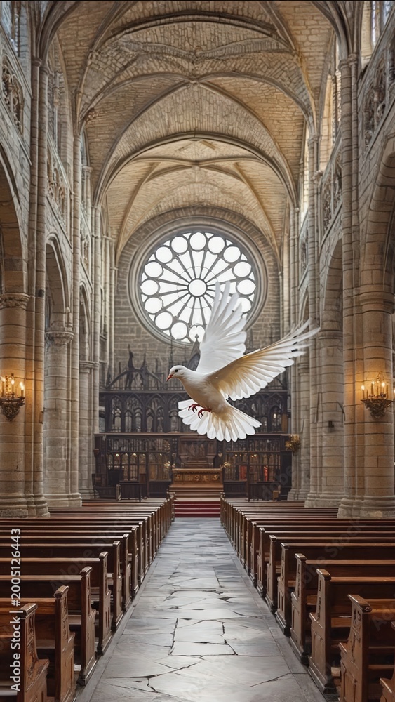 Obraz premium Majestic white dove flying through the aisle of a historical cathedral, symbolizing peace, freedom, and spiritual renaissance
