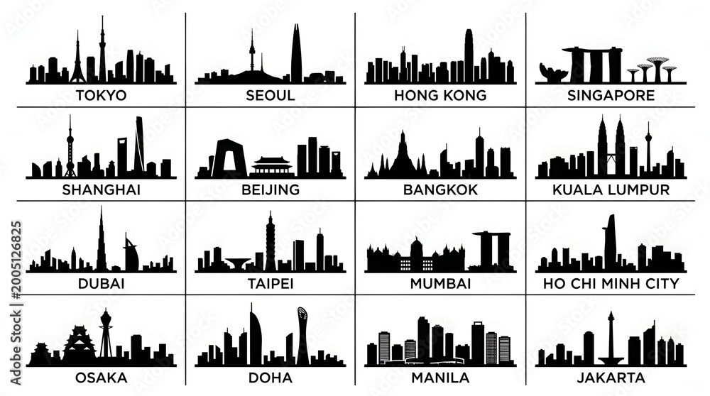 Obraz premium Asian City Skyline Silhouette Collection of 16 Landmarks