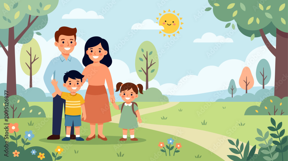 Obraz premium Happy Family Flat Design Illustration in Park with Copy Space