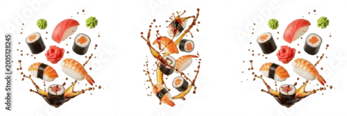Obraz  z motywem Fresh Flying Sushi Salmon and Shrimp Splash Transparent PNG - Japanese Food Dynamic Culinary Motion