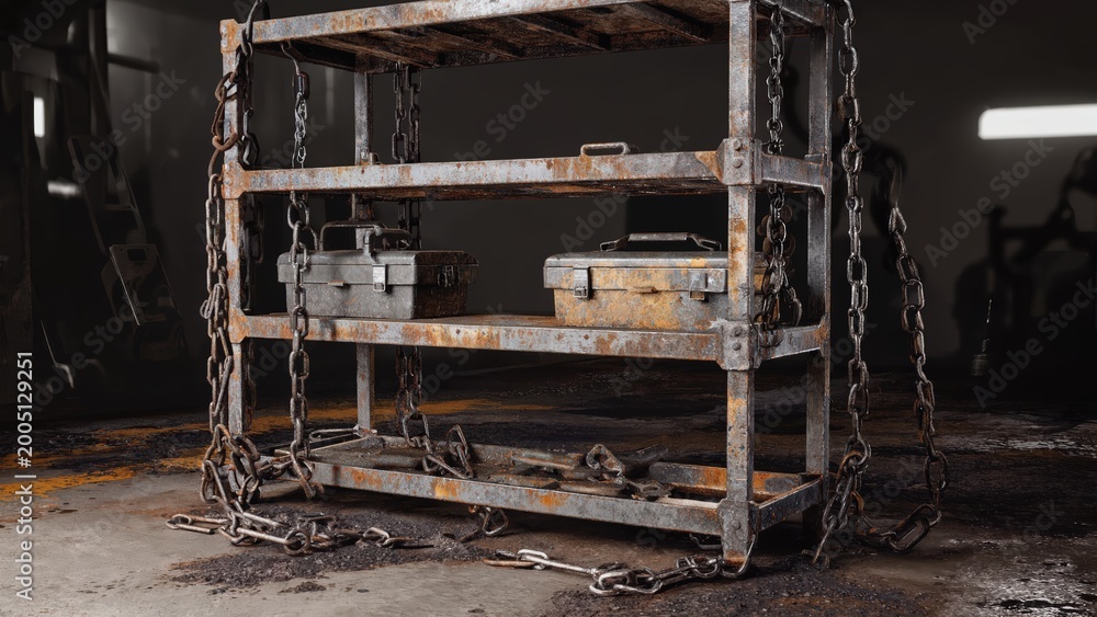 Obraz premium Heavily rusted industrial metal shelving rack chained in a dimly lit abandoned warehouse setting, symbolizing decay and grunge.
