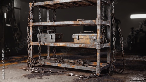 Heavily rusted industrial metal shelving rack chained in a dimly lit abandoned warehouse setting, symbolizing decay and grunge.