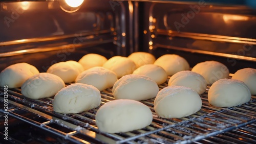 Freshly proofed dinner rolls arranged on a metal cooling rack inside a warm, inviting oven, awaiting the start of baking.