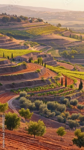 Panoramic view of rolling Mediterranean hills featuring lush vineyards, ancient olive groves, and a winding dirt road through a traditional rural village landscape