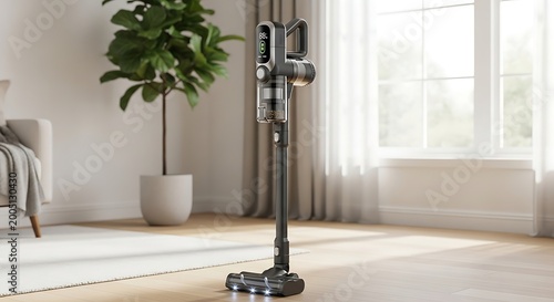 Modern living room with vacuum cleaner.
