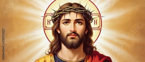 Detailed portrait of Jesus Christ wearing a crown of thorns, symbolizing suffering, sacrifice, divinity, and redemption in classical religious art style