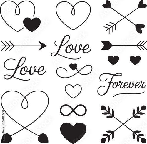 Elegant black and white love vector design with minimal hearts and clean line art style, perfect for modern branding, wedding cards, posters and social media, fully editable scalable artwork