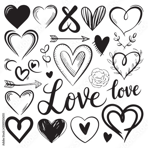 Elegant black and white love vector design with minimal hearts and clean line art style, perfect for modern branding, wedding cards, posters and social media, fully editable scalable artwork
